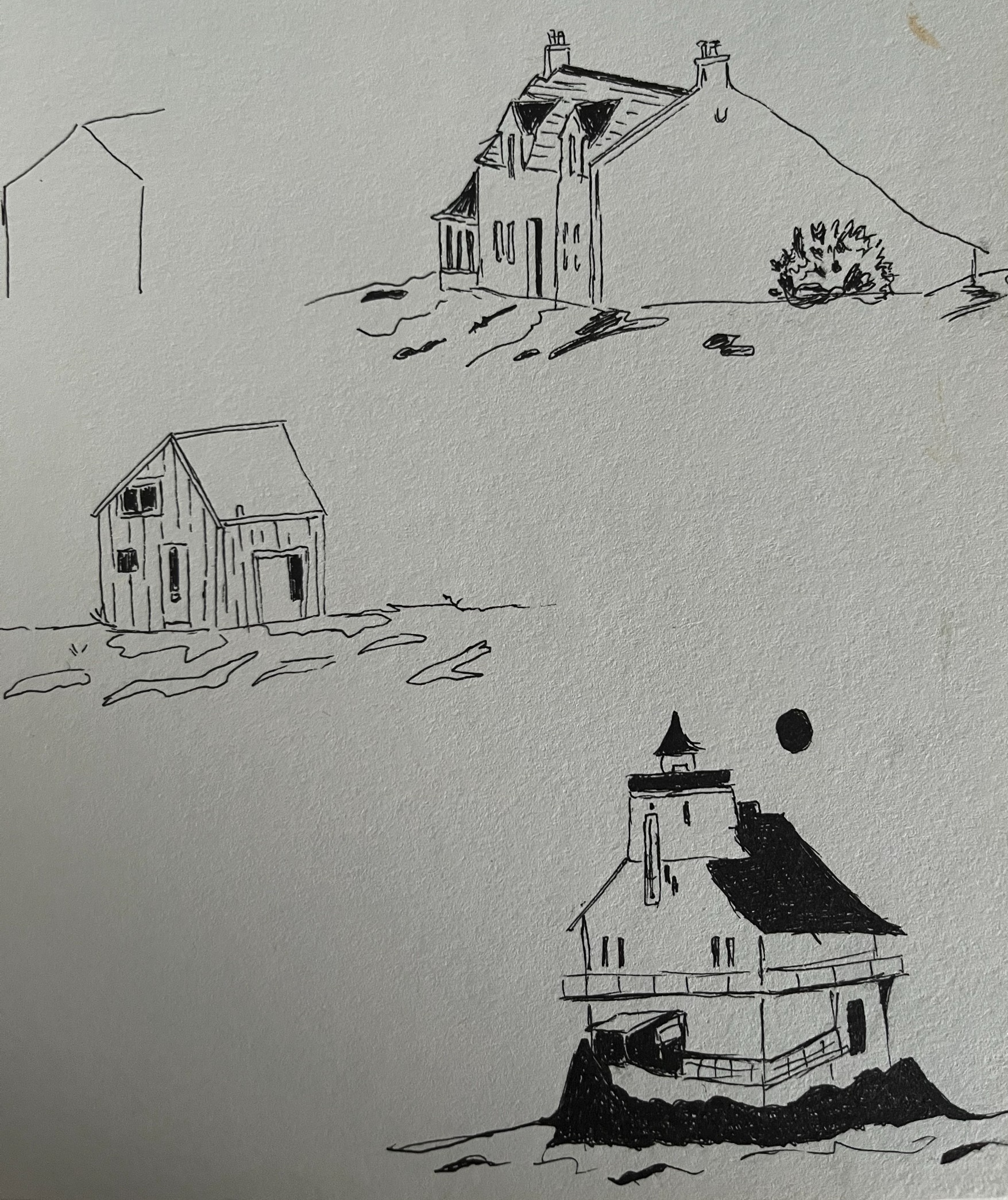 Minimalist ink sketches of traditional buildings.